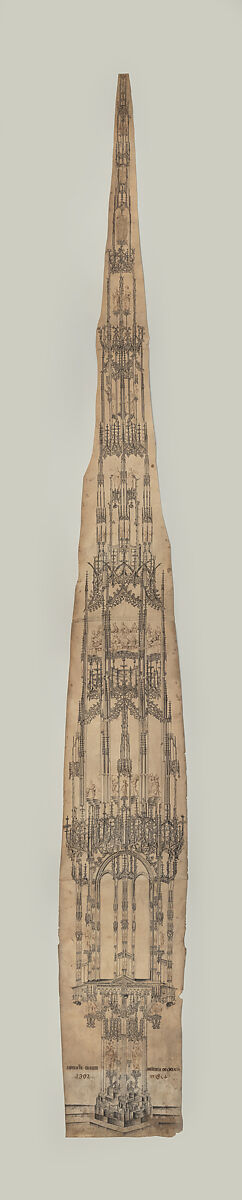 Design for a Monumental Sacrament House, Lorenz Lechler German, Pen and two types of ink (carbon black and iron gall) over blind ruling, 17th-century inscription in pen and ink, on parchment, German