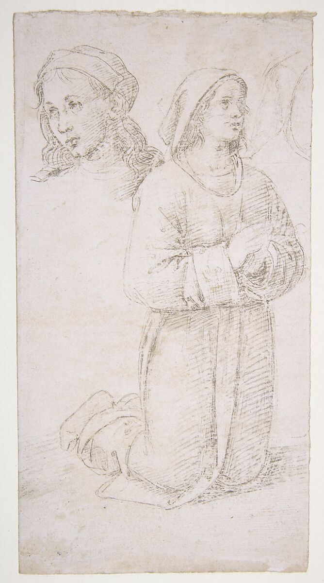 Study of a Kneeling Youth and of the Head of Another, Perugino (Pietro di Cristoforo Vannucci) Italian, Metalpoint on pale pink-beige prepared paper