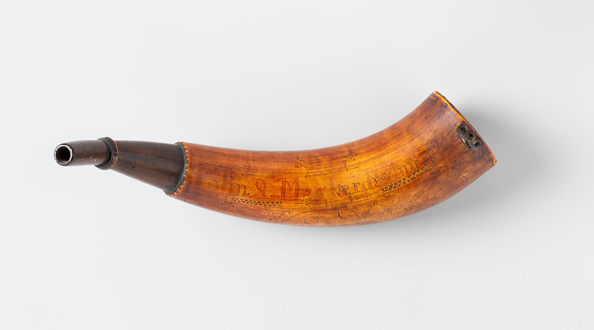 Powder Horn of John Mahard, John Bush American, Cowhorn, wood, iron, Colonial American