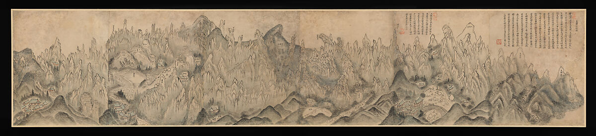 General View of Inner Geumgang, Sin Hak-gwon (artist name: Doam) Korean, Six sheets of paper mounted as a single panel; ink and light color on paper, Korea