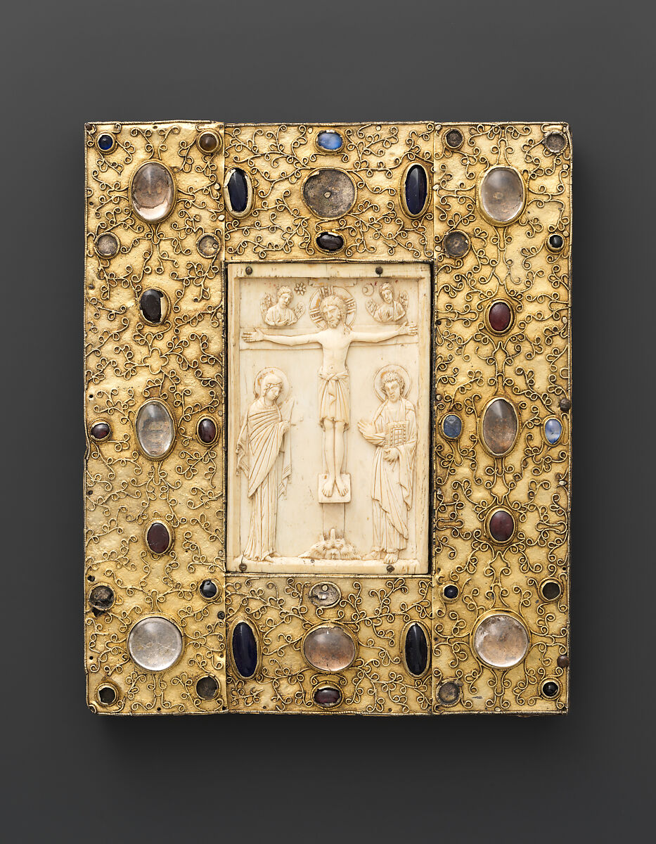 Panel with Byzantine Ivory Carving of the Crucifixion, Gilded silver on wood backing, inset with sapphire, glass, and crystal, Byzantine (ivory); Spanish (setting)