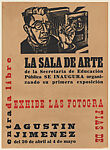Poster advertising an exhibition (20 April–4 May) of photographs by Mexican photographer Agustín Jiménez, woodcut image of the artist next to his camera, Gabriel Fernández Ledesma Mexican, Woodcut, letterpress, printed in red and black, backed with linen