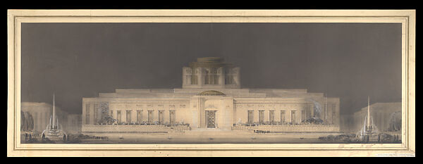 A Radio Broadcasting Station, elevation, Donald Siegfried Nelson American, Graphite, pen and black ink, gray and brown wash heightened with white and gold