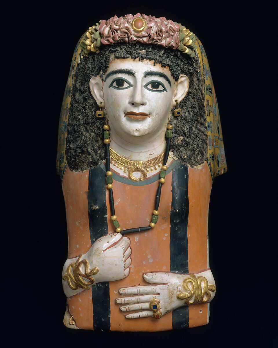 Mummy Mask of a Woman, Cartonnage, plaster, paint, plant fibers