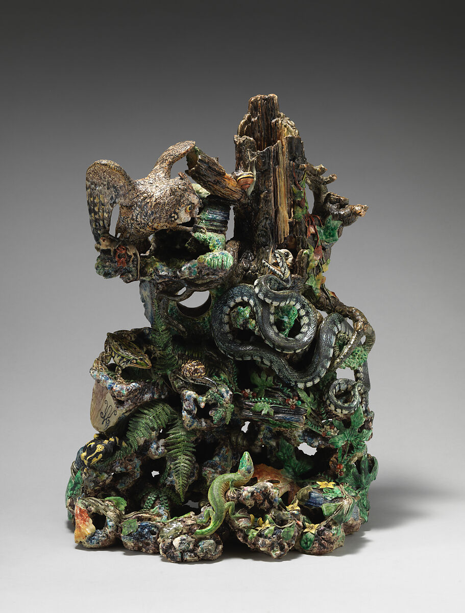 Grotto with owl, snake, and lizard, Charles-Jean Avisseau French, Glazed earthenware, French