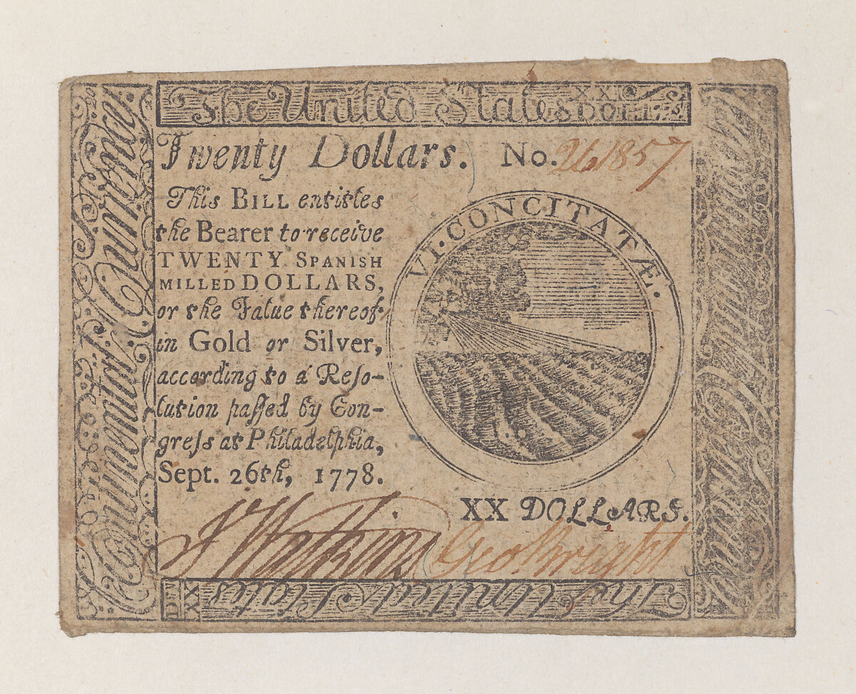 United States Continental Currency – Twenty Dollars, Hall and Sellers, Philadelphia, Pennsylvania American, Engraving, letterpress, and nature printing